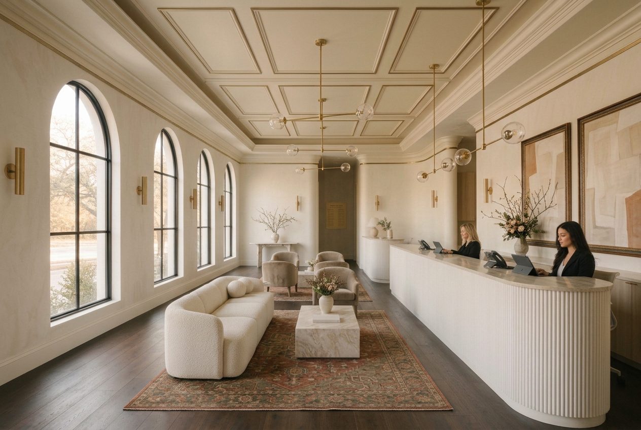 Generated reception concept for the fictional Juniper Facial Aesthetics practice, with cream furnishings, arched windows, and brass lighting.